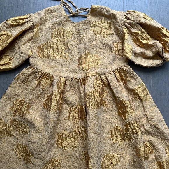 RHODE Ruth Dress Gold Brocade Jacquard Midi Puff Sleeve Yellow - MEDIUM - Picture 5 of 12